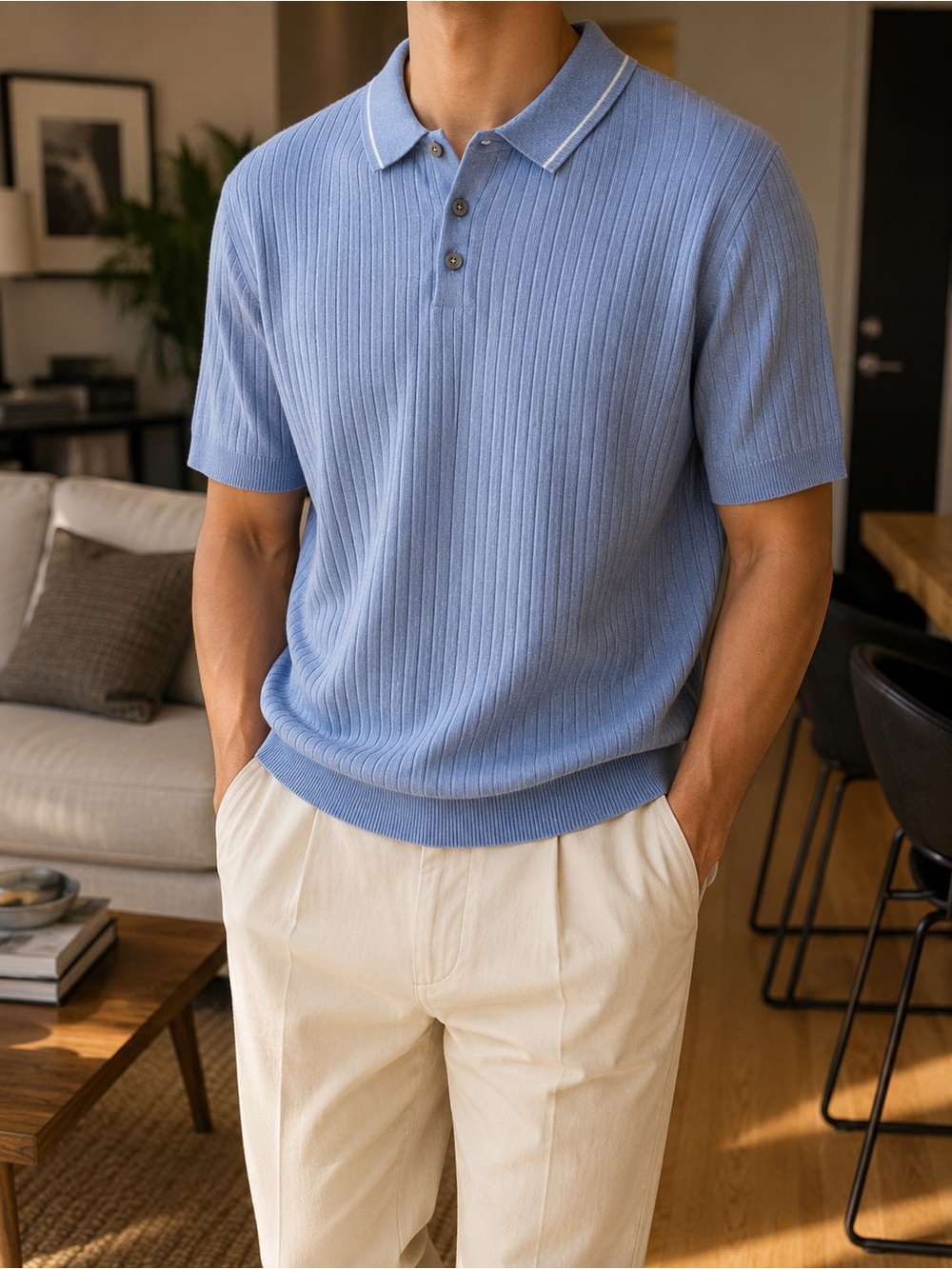 DKNY Men’s Light Blue Ribbed Knit Polo size large